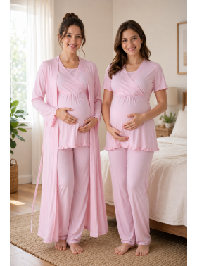 Effortt 3034 Pudra Sabahlıklı Hamile Lohusa Pijama Takımı